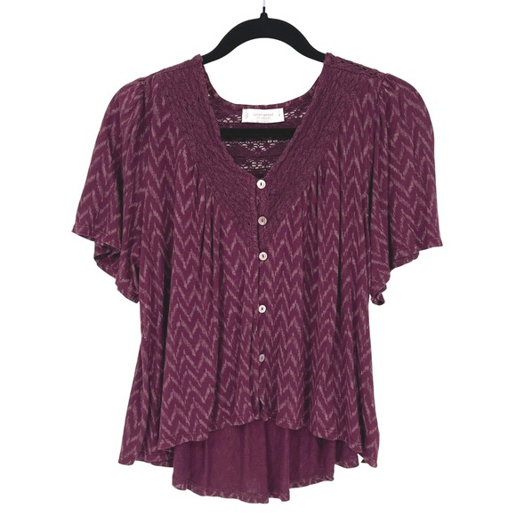 Lucky Brand Boho Blouse Women's Small Burgundy Embroidered V-Neck Top Festival - Picture 2 of 9